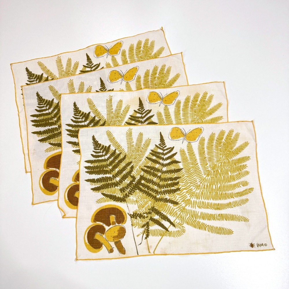 Vera Neumann Vintage Placemats Set of 4 Fern Mushroom Butterfly MCM Yellow Green